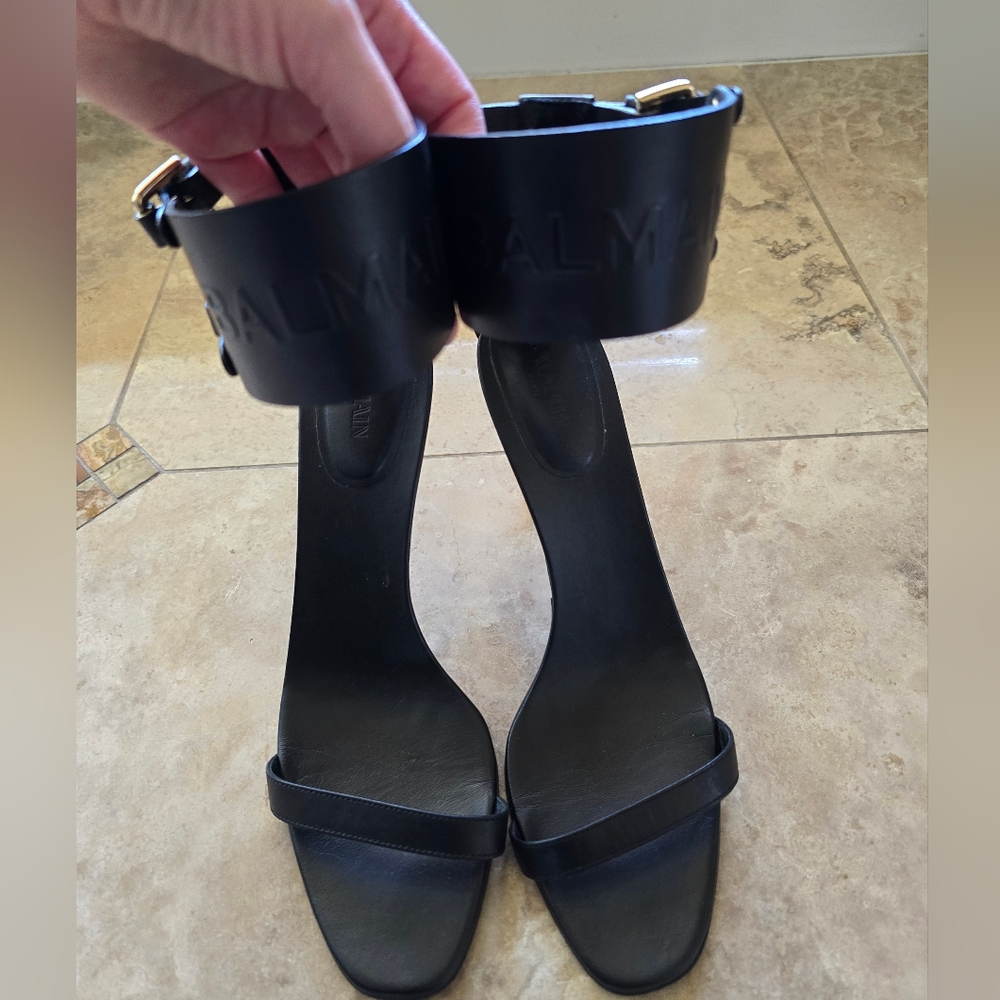 Balmain Black Leather Gold-Accent Stiletto Heels - Picture 3 of 16